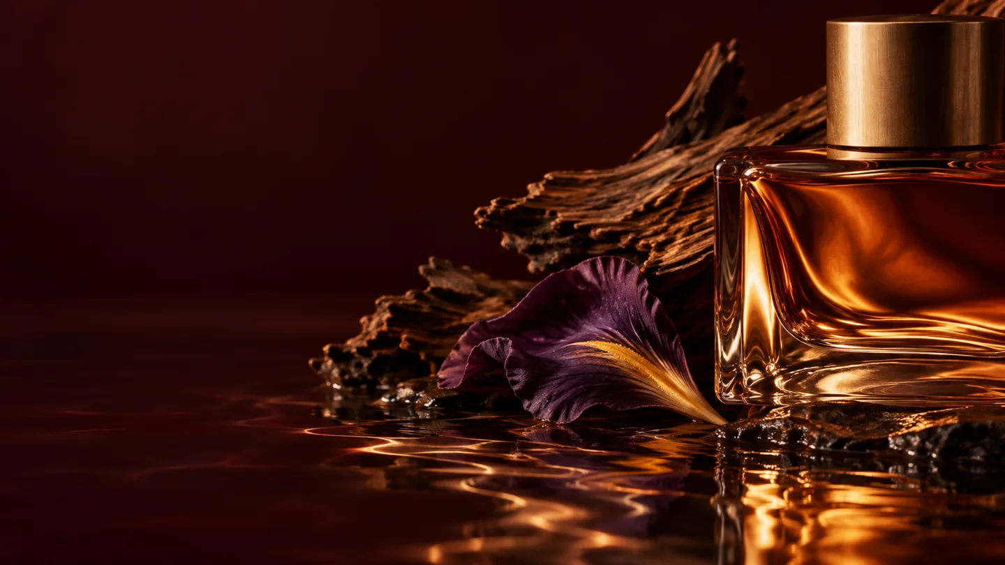 Editorial macro photography of concept amber glass and botanicals