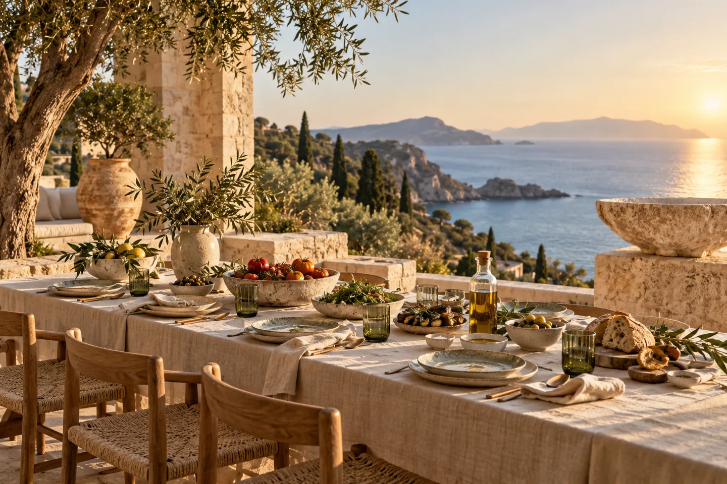 Illustrative outdoor coastal dining terrace