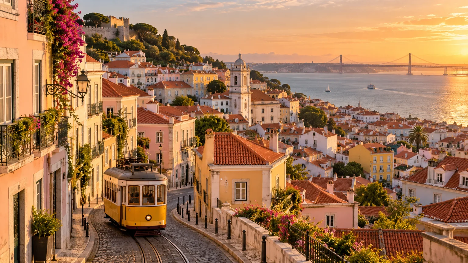 Lisbon rooftops in warm evening light